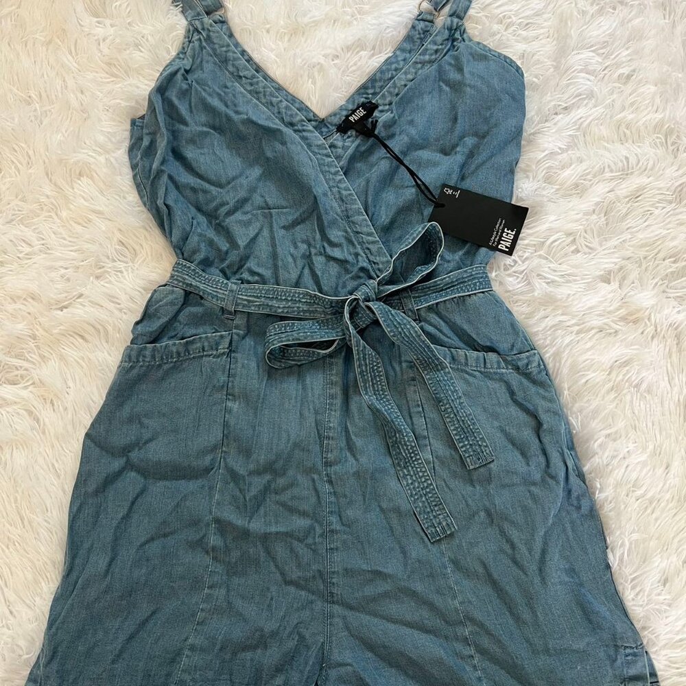 Paige Bettina Chambray Faux Wrap Belted Mini Romper Playsuit Blue S